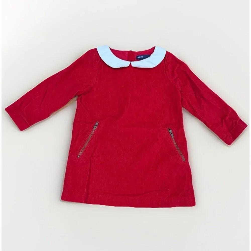 Baby Gap Girl's Red Corduroy Christmas Shift Dress size 2 Years Peter Pan Collar